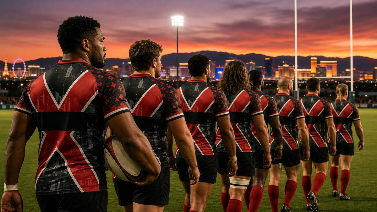 Vegas Blackjacks players in the black and red X jersey walking out onto a floodlit pitch at dusk with the Las Vegas Strip behind them