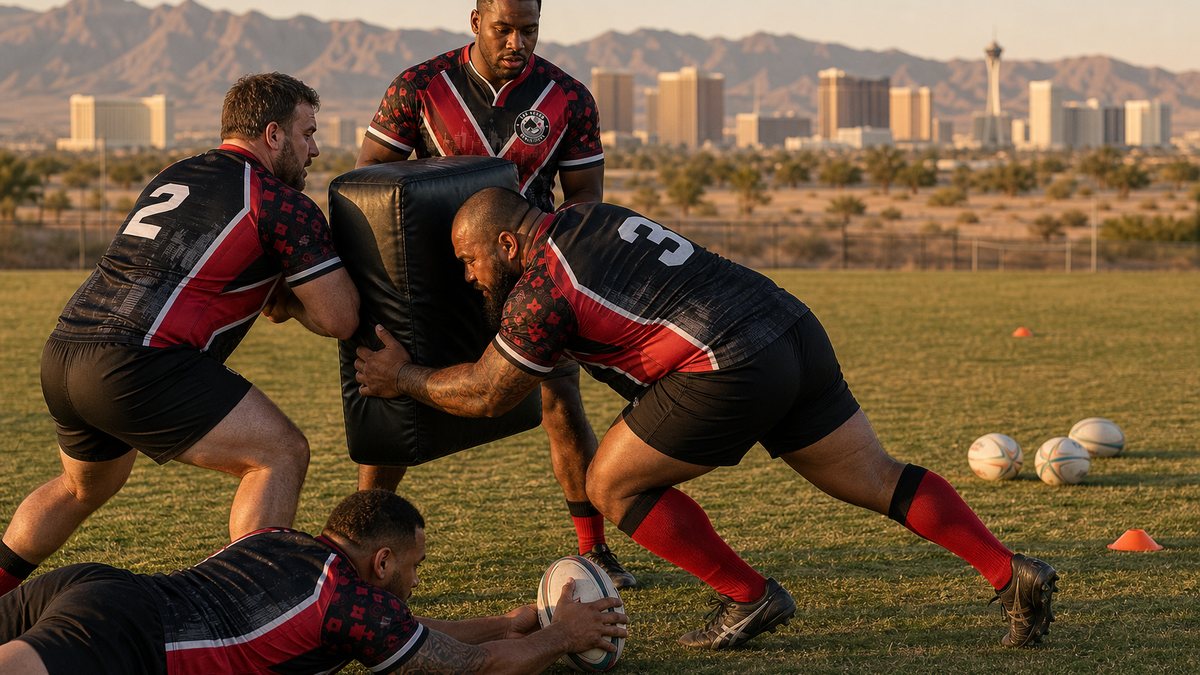 Vegas Blackjacks players practicing a ruck cleanout drill against a padded shield at a golden-hour training session in Las Vegas