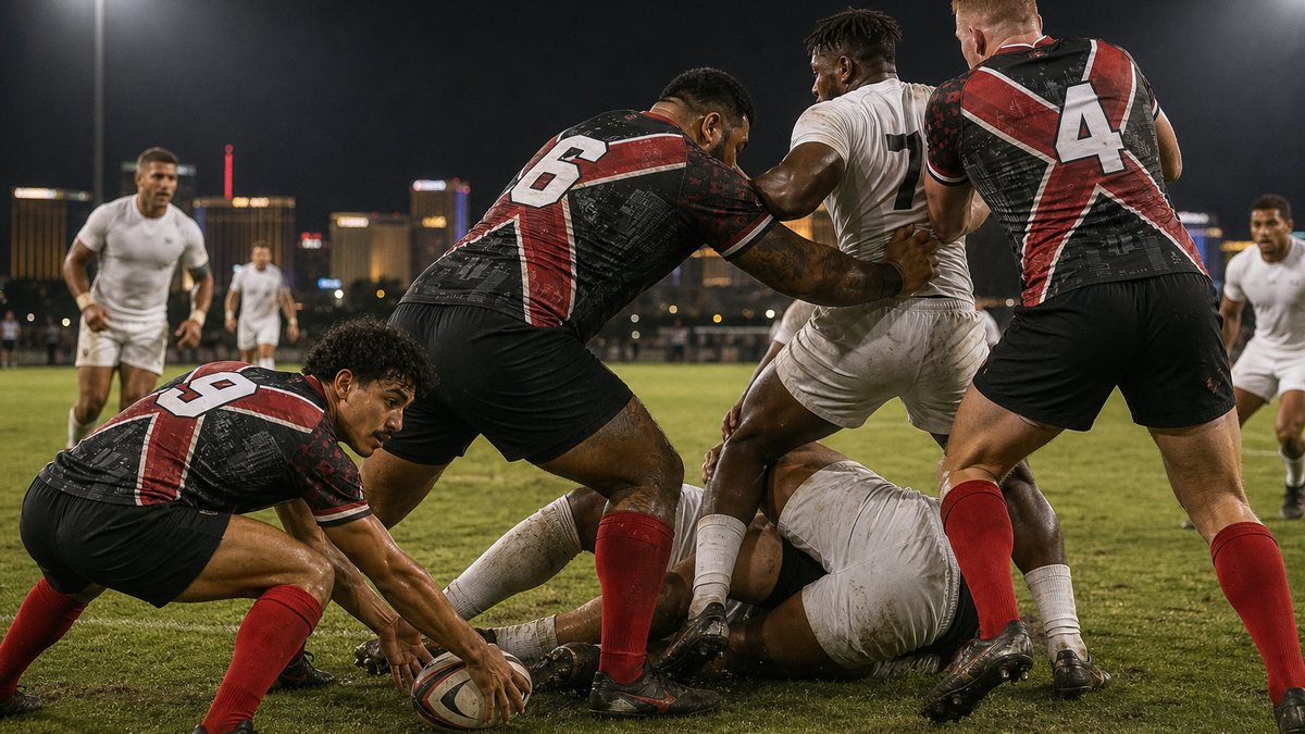 Vegas Blackjacks forwards in the black and red X jersey driving low over the ball at a ruck under floodlights in Las Vegas